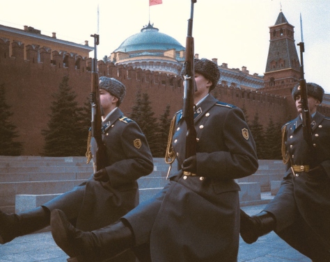 The KGB's Kremlin Regiment carries out the changing of the guard at Lenin's Mausoleum by the Kremlin.