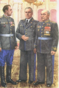 From left to right: military counterintelligence chief (SMERSH) Viktor Abakumov, NKGB Commissar Vsevolod Merkulov, and NKVD Commissar Lavrenty Beria.